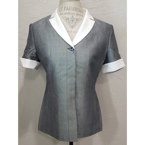 Kasper A S L Petite Gray & White Short Sleeved Hidden Button Up Blazer Shirt - Picture 10 of 10